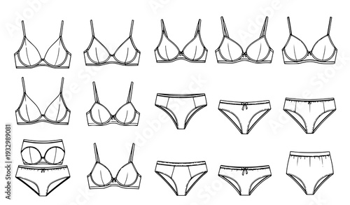 Bra and Panty Collection Flat Sketch Technical Fashion Vector Set