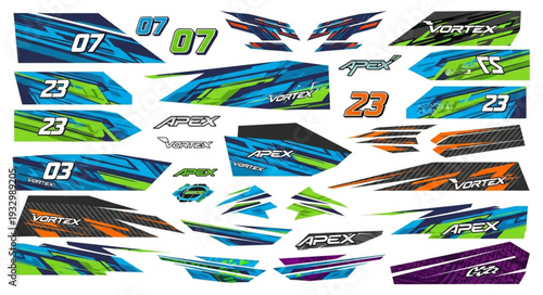 Vibrant racing vehicle graphics and decals for high-speed performance and style.