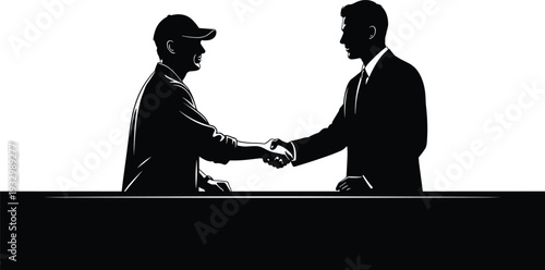 Business handshake silhouette, corporate agreement partnership deal between professional and client isolated on white background vector illustration