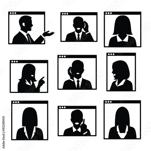 Video conference call with nine different business people on various screens