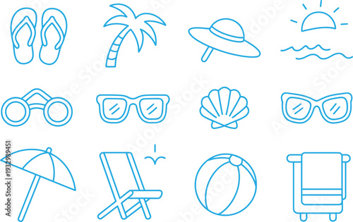 Blue line of summer beach including flip flops, sunglasses, and beach ball line flip flops palm tree