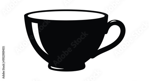 A simple bold black silhouette of a classic teacup with a handle offering a striking visual statement silhouette
