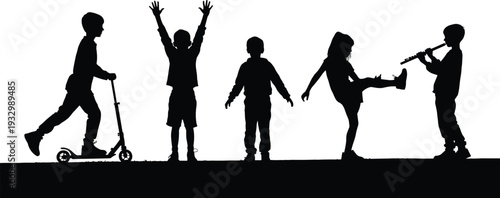 Children silhouettes playing outdoors, kids with scooter jumping dancing and flute music isolated black vector illustration on white background