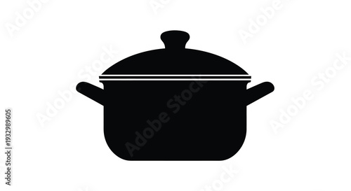 A stark black silhouette of a cooking pot with handles and a lid presented on a white background silhouette