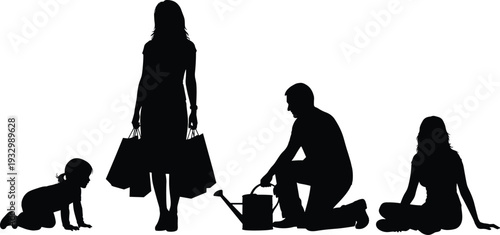 Family silhouettes collection, mother shopping with bags father gardening child crawling and woman sitting isolated on white background
