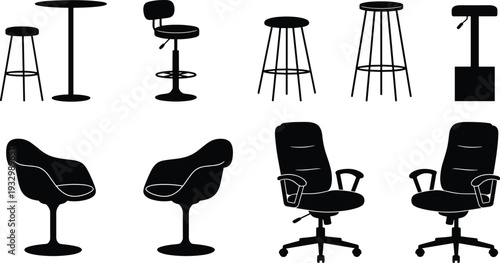 Vector illustration of chair and stool silhouettes with tables, modern furniture design elements for interior decor, seating arrangement concept art.