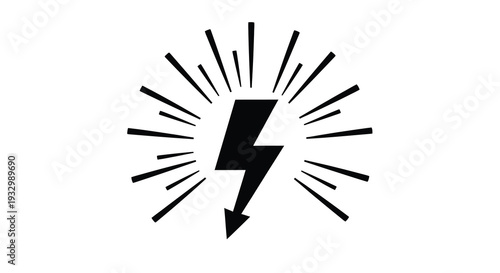 A striking black lightning bolt bursts with radiating lines on a white background depicted as a silhouette high quality