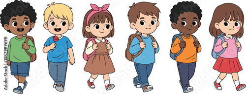 Multicultural school children walking with backpacks, cute diverse kids cartoon characters, happy elementary students illustration isolated on white