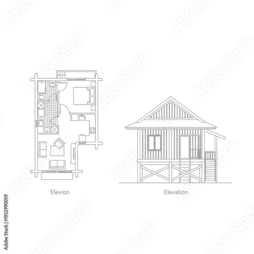 Architectural plan and elevation drawing of house with wooden deck on stilts now