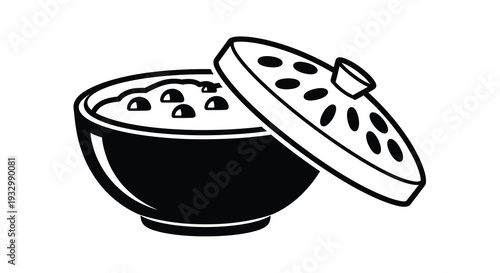 A striking black and white illustration depicts a traditional japanese rice cooker with its lid slightly ajar silhouette high quality professional