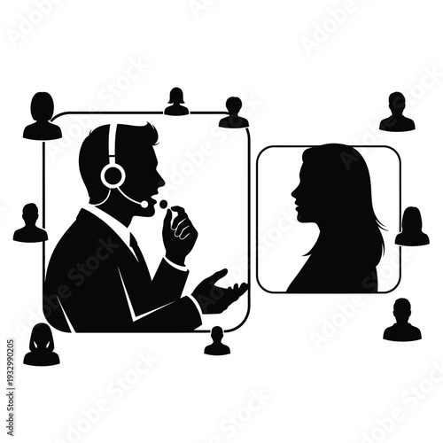 Online customer support silhouettes with male operator wearing headset interface