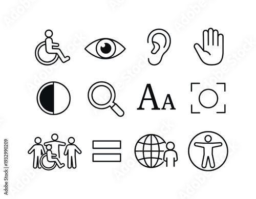 Line style vector icons of accessibility by default: wheelchair, eye, ear, hand; contrast, zoom, text size, focus; inclusive,