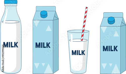Vector illustration of milk packaging containers including bottle, cartons, and glass with straw, dairy beverage design for nutrition concept.