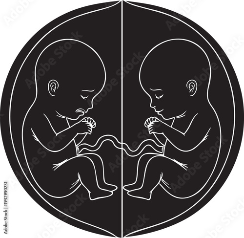 Two fetuses inside a round uterus outline with one sad and one content concept of twin or sibling emotions