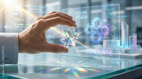 Wallpaper Mural Hand holding transparent puzzle piece near futuristic digital interface with gears and text future vision innovate, symbolizing innovation and technology progress in business environment Torontodigital.ca