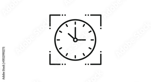 A minimalist black and white icon features a clock within a dashed line square frame capturing the essence of time silhouette
