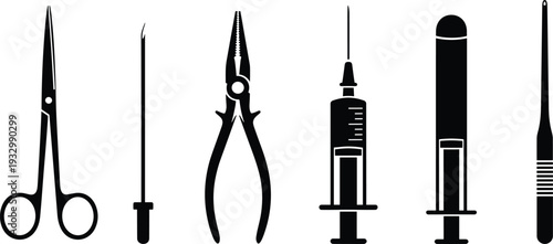 Vector illustration of medical and dental tool silhouettes including scissors, syringes, pliers, probes, and mirror, healthcare equipment design concept.