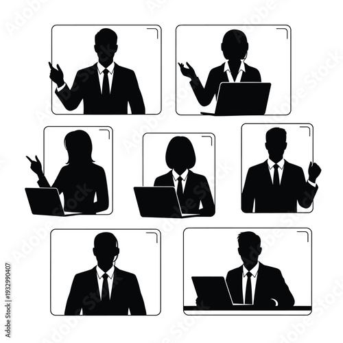Business conference video call silhouettes set with diverse professional people