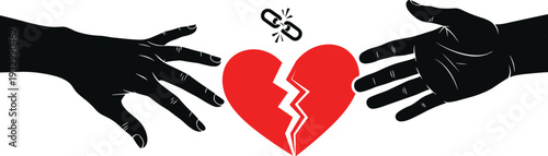 Broken Heart Relationship Separation Vector Illustration, Love Disconnect Concept Illustrator Design with Hands and Emotional Breakup Symbol