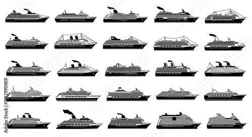 Collection of various cruise ships silhouettes, perfect for travel and transportation themes.
