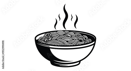 A black and white illustration depicts a steaming bowl of noodles a simple yet appealing culinary scene silhouette
