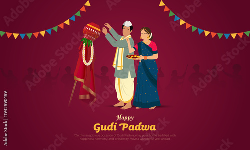 happy Gudi padwa with couples, a Hindu festival celebration gudi padwa Background Design. abstract vector illustration design