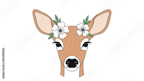 Sweet deer face illustration with large ears and beautiful white flowers tucked into its hair on a white background.