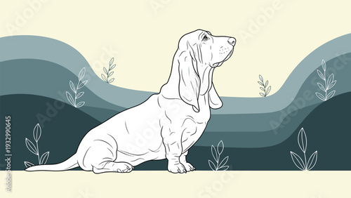 Outline illustration of a basset hound dog sitting and looking up against a background of wavy blue hills and plants.