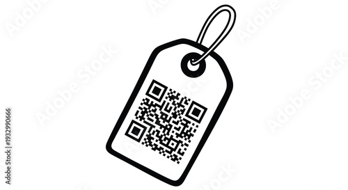 A stark black and white illustration depicts a price tag featuring a qr code creating a modern silhouette