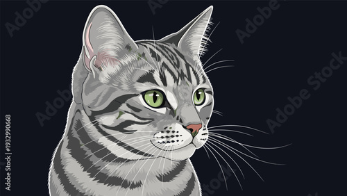 Detailed close up portrait of a gray tabby cat with green eyes and long white whiskers against a dark blue background.