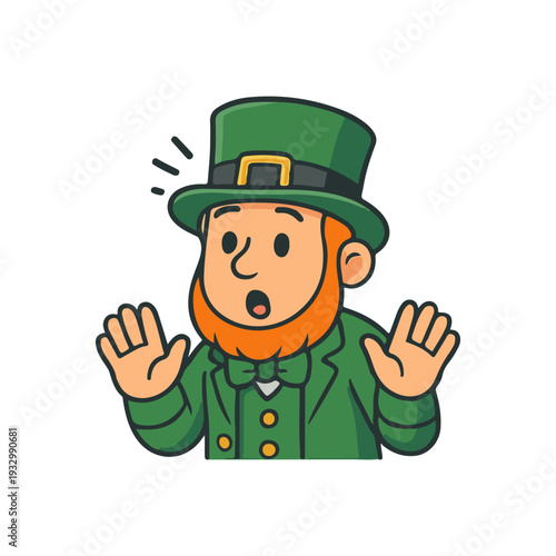 Irish leprechaun surprised reaction. Cartoon leprechaun character in green outfit and hat raising hands with shocked facial expression.