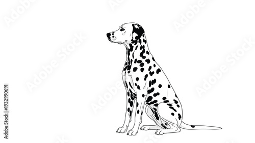 Dalmatian dog illustration sitting alertly in profile showing its distinctive black spots on a white coat on white.