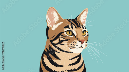 Stunning portrait of a bengal cat with beautiful spotted markings and intense yellow eyes against a teal background.
