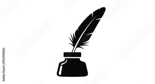 A striking black silhouette depicts a classic quill pen inserted into an inkwell evoking vintage writing styles silhouette