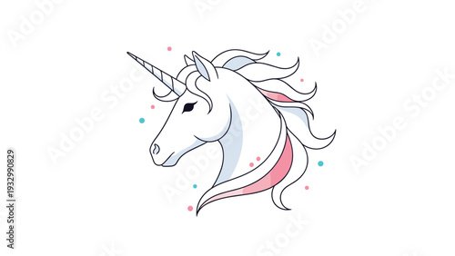 Beautiful white unicorn head with a flowing mane and a spiraled horn surrounded by colorful magical floating sparkles.