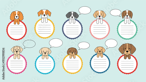 Set of colorful memo circles featuring different dog breeds like spaniel, beagle, and golden retriever for notes.