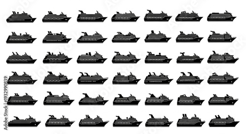 Collection of cruise ships in silhouette, a fleet of vessels for travel and tourism.