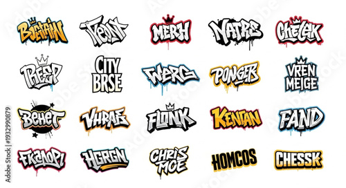 Graffiti art collection featuring various urban street style words and tags.