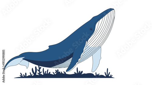 Majestic humpback whale leaping out of the ocean with water plants at the bottom in a stylized vector illustration.