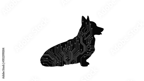 Black silhouette of a corgi dog filled with a white electronic circuit board pattern on a white background representing tech and pets.
