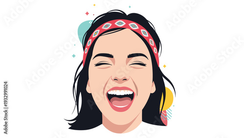 Vibrant vector illustration of a young woman with dark hair and a patterned headband laughing heartily with closed eyes on an abstract background.