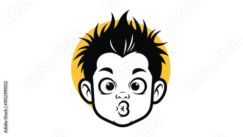 Fun black and white illustration of a cartoon boy's face with wild spiky hair and a puckered mouth on an orange circular background.