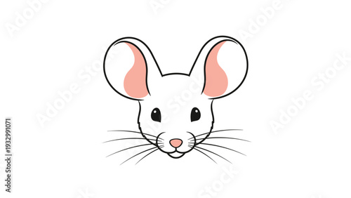 Simple vector icon of a cute white mouse face with large pink ears and long whiskers on a clean white background in a minimalist style.