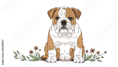 Adorable illustration of an english bulldog puppy sitting among wild flowers on a white background in a soft and charming illustrative style.