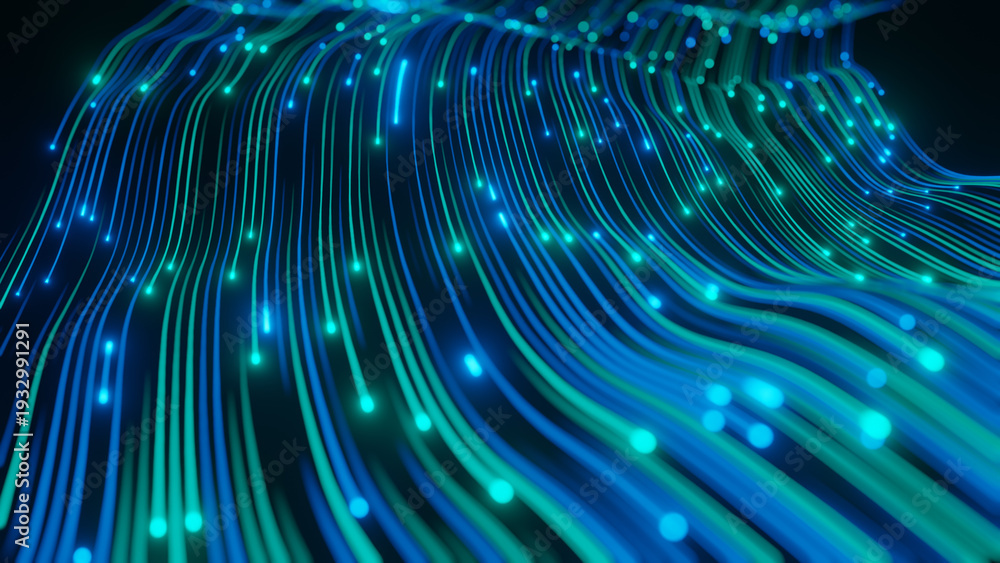 Abstract technology wave of particles. Big data visualization. Dark background with motion green lines 3d rendering