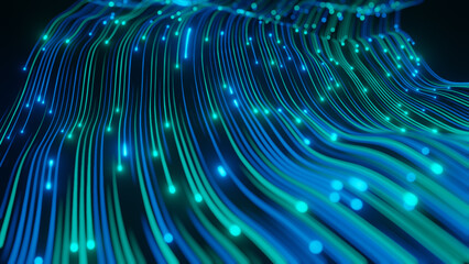 Abstract technology wave of particles. Big data visualization. Dark background with motion green lines 3d rendering