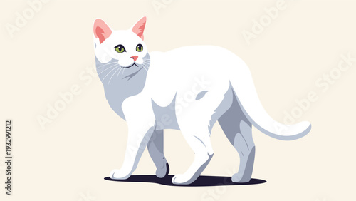 Graceful white cat with green eyes standing and looking over its shoulder against a soft cream background in a flat vector style.