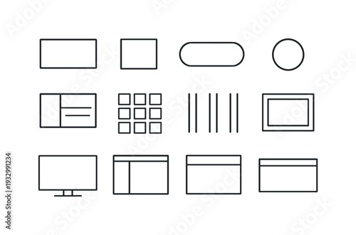 Line style icons of neutral UI visuals: rectangle, square, pill, dot; layout, grid, gutter, margin; screen, panel, section,