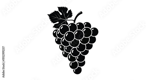 A stark black and white depiction of a bunch of grapes with a single leaf presented as a silhouette