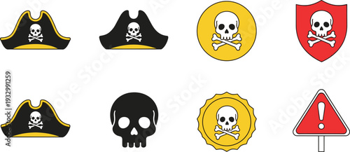 Pirate hat icons and skull with crossbones warning symbols including danger sign, red shield, and yellow caution labels for security or nautical themes.